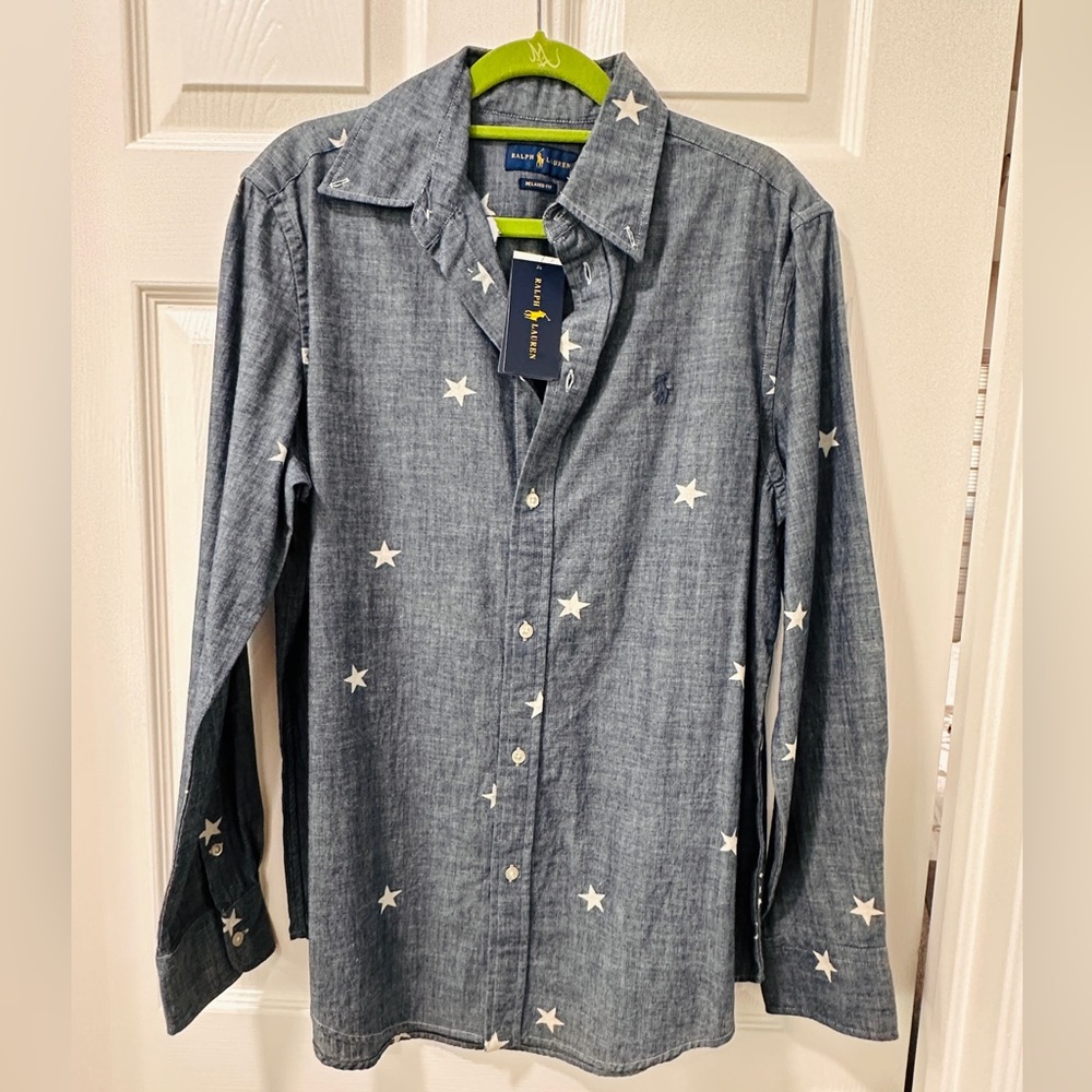 NWT Ralph Lauren Relaxed Fit Lightweight Denim Stars Button Down Shirt - Medium